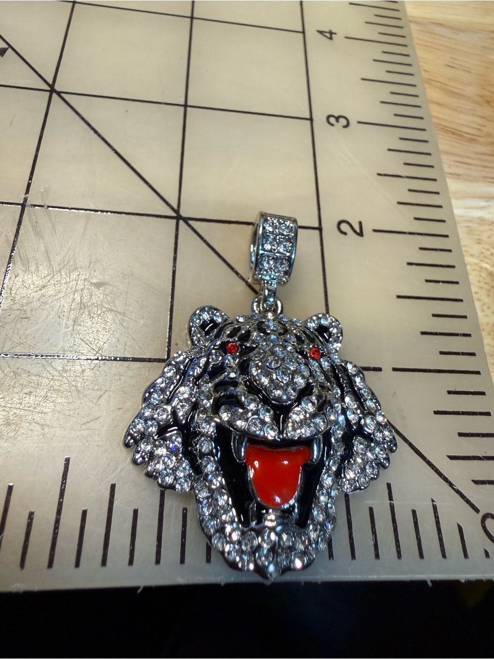 Rhinestone Tiger Head Pendant Silver with Red Accents and Bling